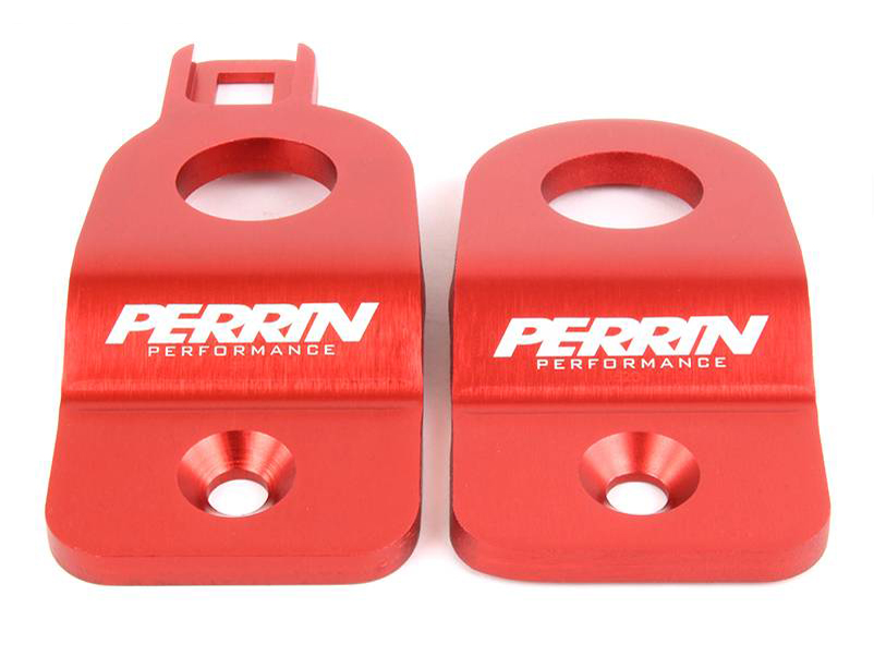 Пластины крепления радиатора охлаждения (с держателем упора капота) PERRIN (Red) для Subaru WRX/STi (2002-07)